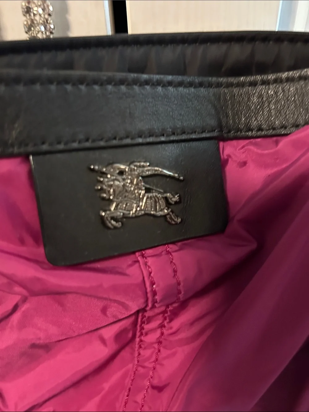 Burberry Magenta Nylon Tote with Black Leather Trim